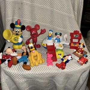 Vintage Mickey Mouse Disney Toy Figure Lot Arco Plane Set And More